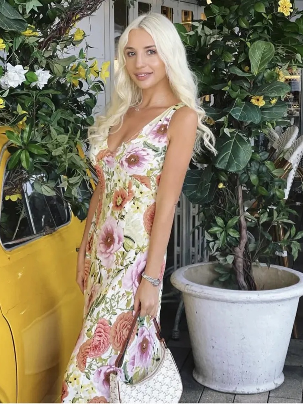 Paper Heart Floral V-Neck Maxi Dress Linen Blend Size Medium